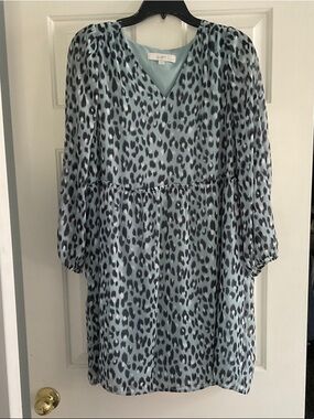 LOFT Light Teal Blue Leopard Print V-Neck Dress
